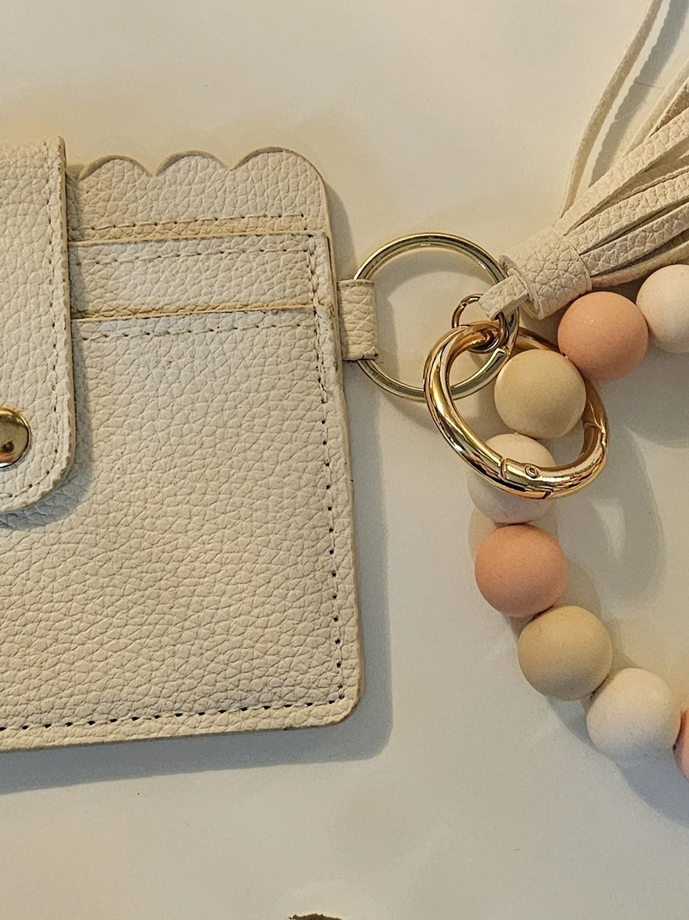 Cream Leather Card Wallet with Peach-Beige Beaded Tassel Keyring